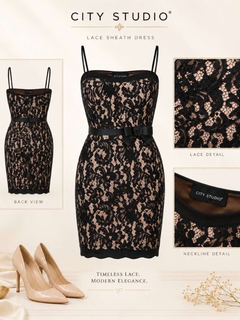 City Studio Black Nude Floral Lace Bow Bodycon Dress Size 3 NWT